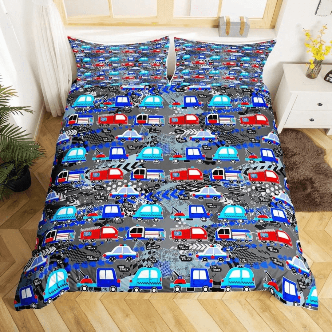 Bright red fire truck bedding set for children