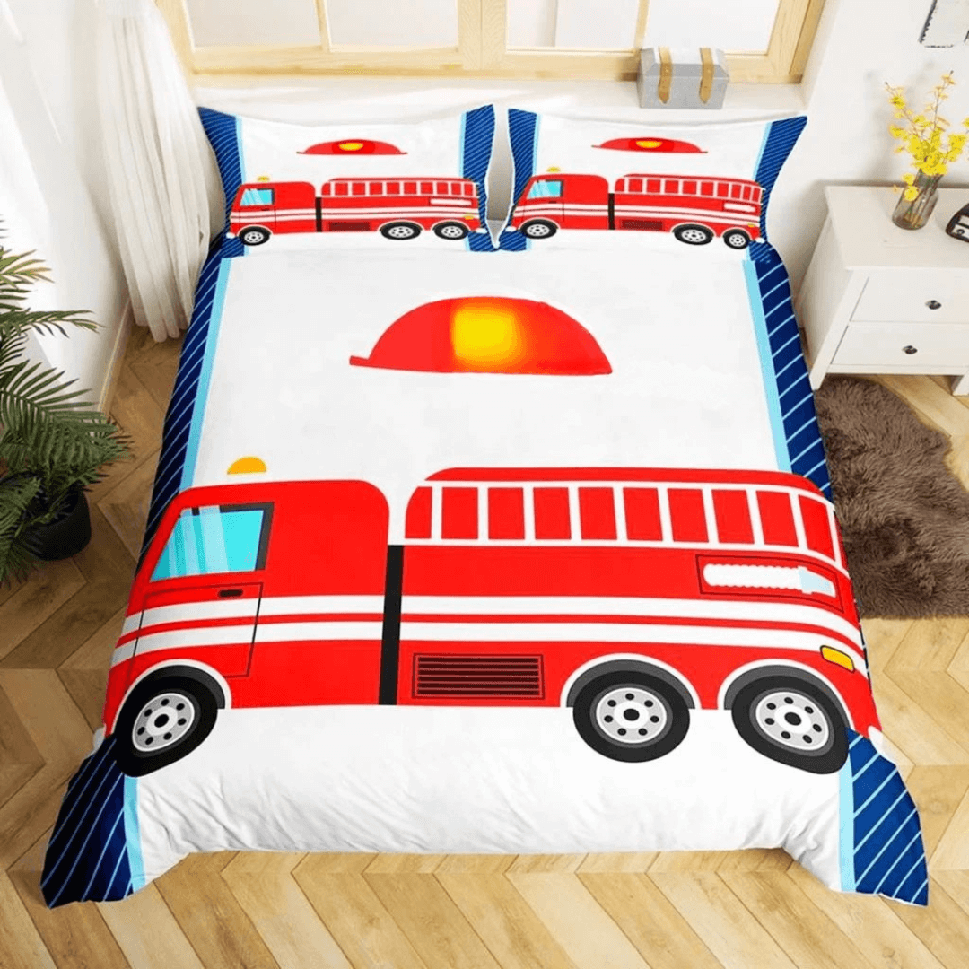 Kids bedroom bedding set with fire truck theme
