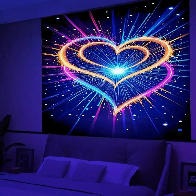 Vibrant firework heart tapestry with glowing light trails in gold, pink, and blue