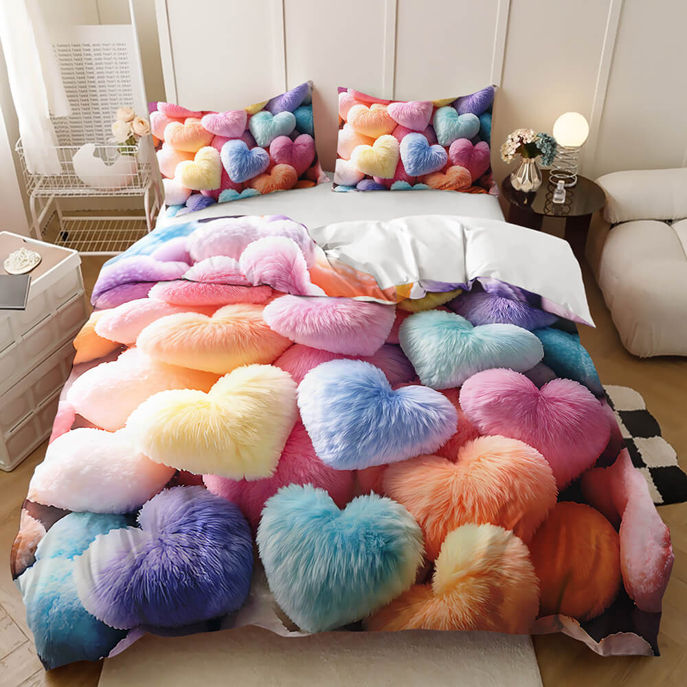 A colorful heart-patterned bedding set styled on a bed in a bright bedroom. The set includes a fluffy faux-fur duvet cover and two matching pillowcases, featuring a dense pattern of pastel and bright multicolored hearts.