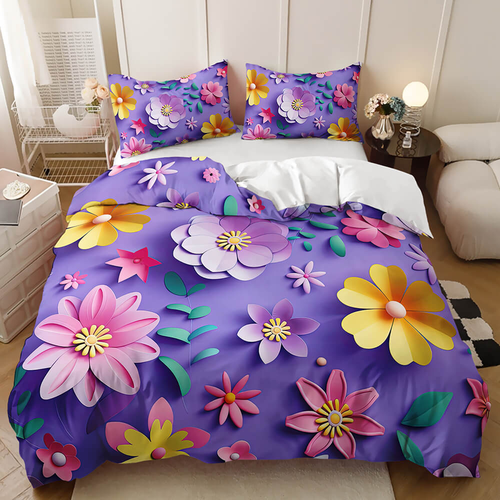 A purple bedding set with a vibrant floral print, shown on a bed in a styled bedroom setting.