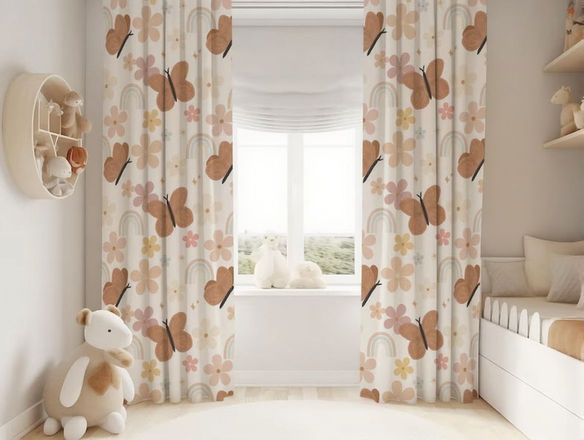 Floral Rainbow and Butterfly Baby Girl Room Curtain Nursery Curtains Window Curtains