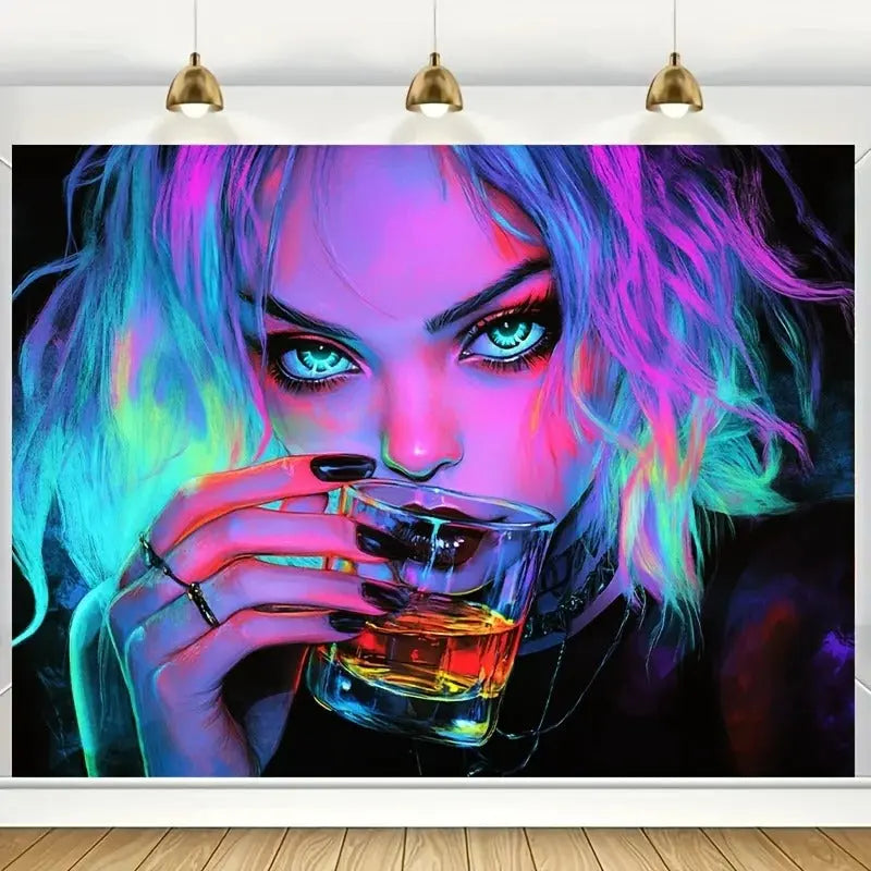 Neon lounge girl sipping drink with vibrant colors and urban aesthetic