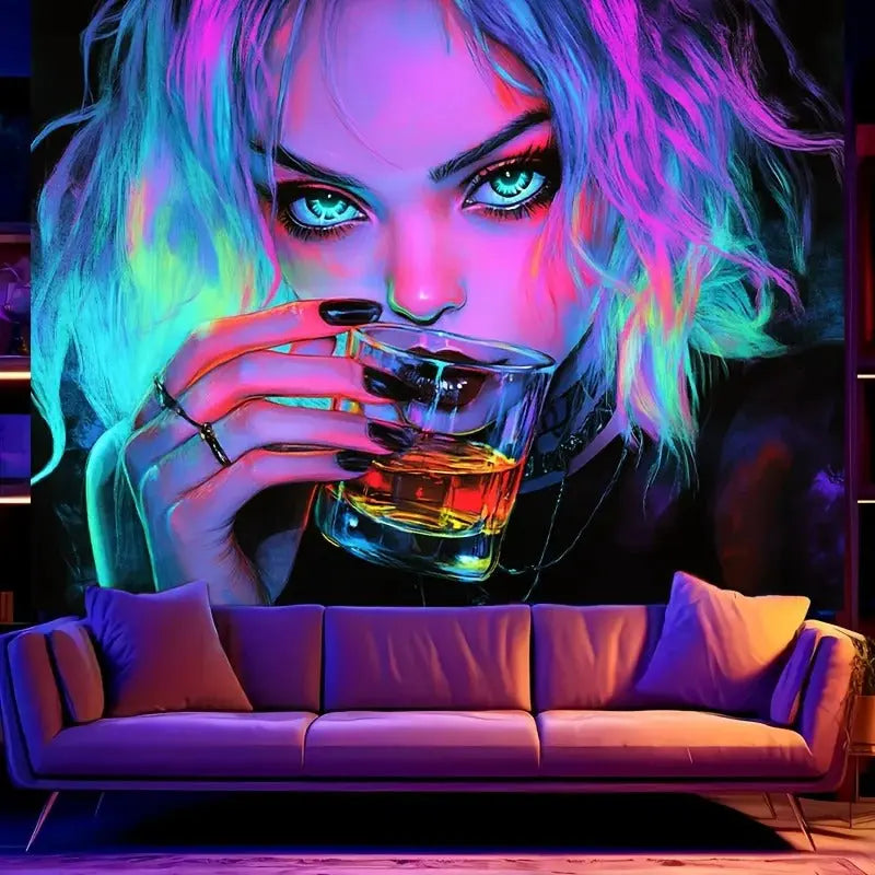 Neon lounge girl sipping drink with vibrant colors and urban aesthetic