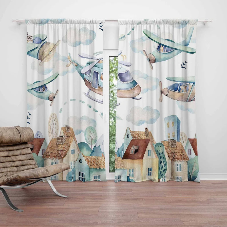 Flying Plane Nursery Curtains Airplane Kids Bedroom Curtains Black Out Curtains Nursery Decor Baby Room Curtains Bedroom Living Room Curtain