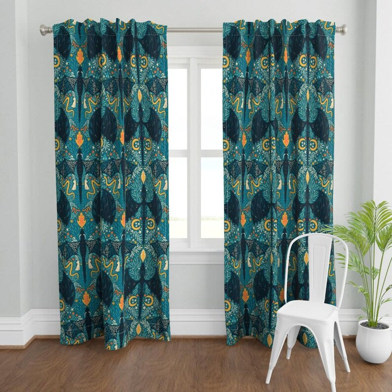 Folk Dragons Curtain Panel - Fairy Tale Botanical Kids Room Jackalopes Custom Curtain Panel