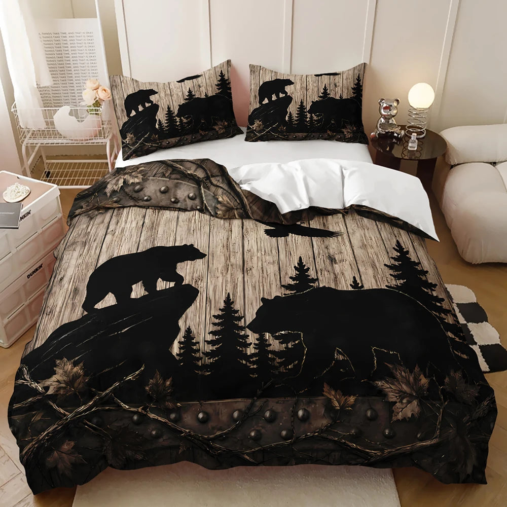 A bedding set featuring a camouflage-style print with black bear silhouettes, pine trees, and a rustic wood plank background, shown on a made bed with matching pillowcases in a styled bedroom setting.