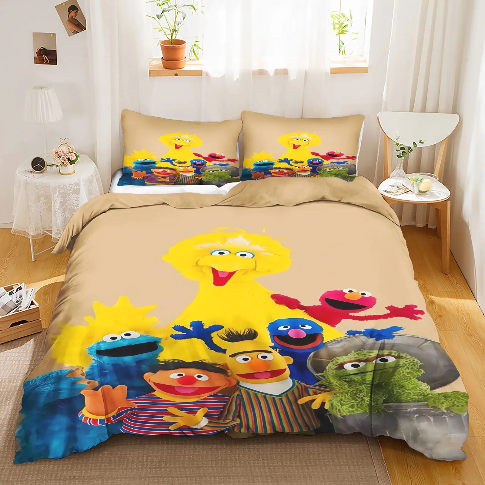 Full Sesame Street kids bedding set displayed on a twin-size bed in a child’s bedroom.