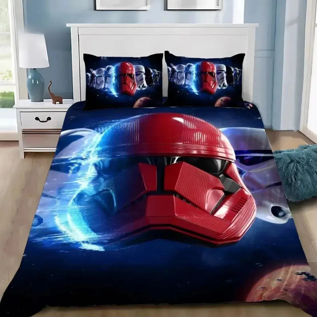 3D Star Wars duvet cover with galaxy scene and pillowcases on a modern bed