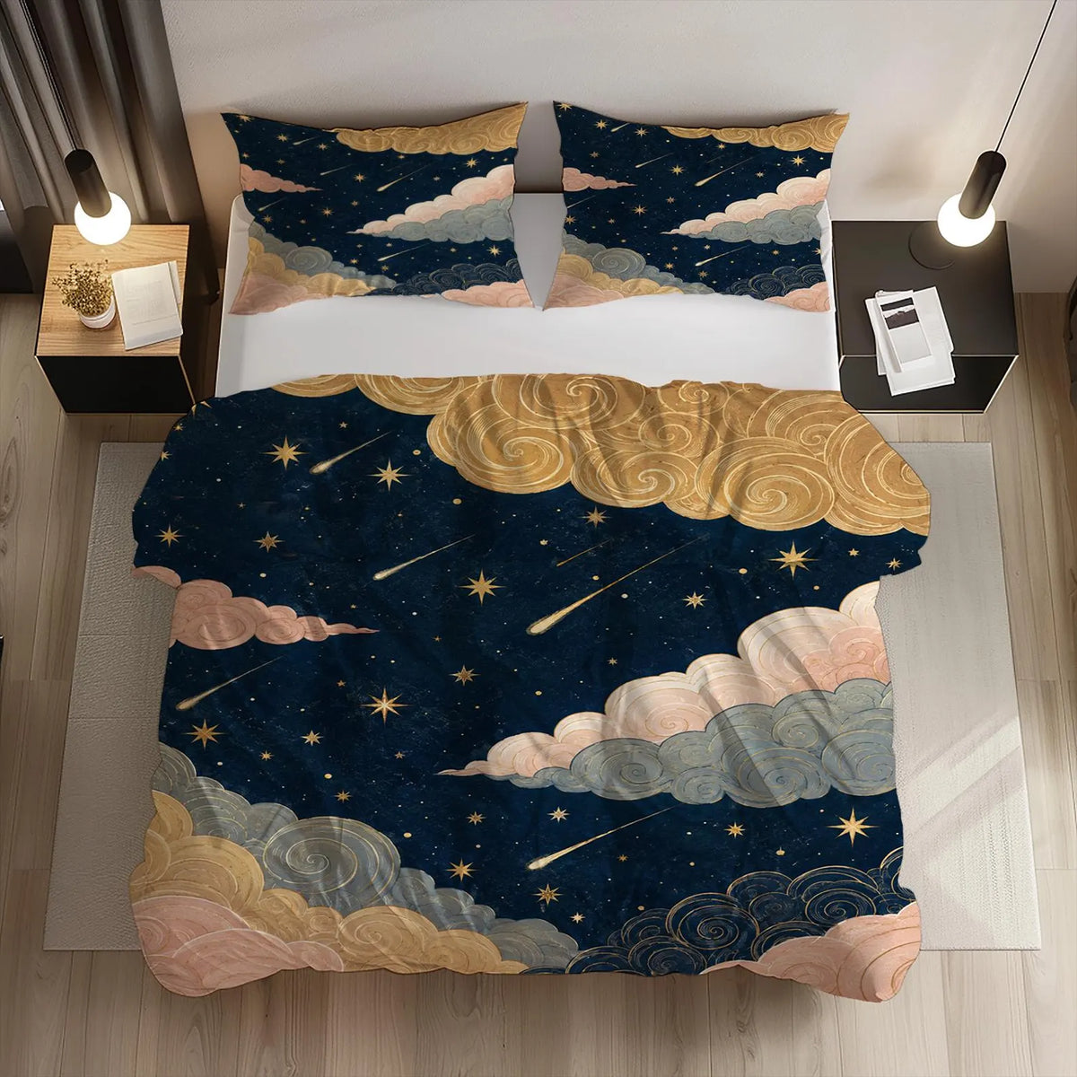 A bedding set featuring a duvet cover and two pillowcases with a celestial cloud pattern, displayed on a bed in a modern bedroom setting with bedside tables and lamps.