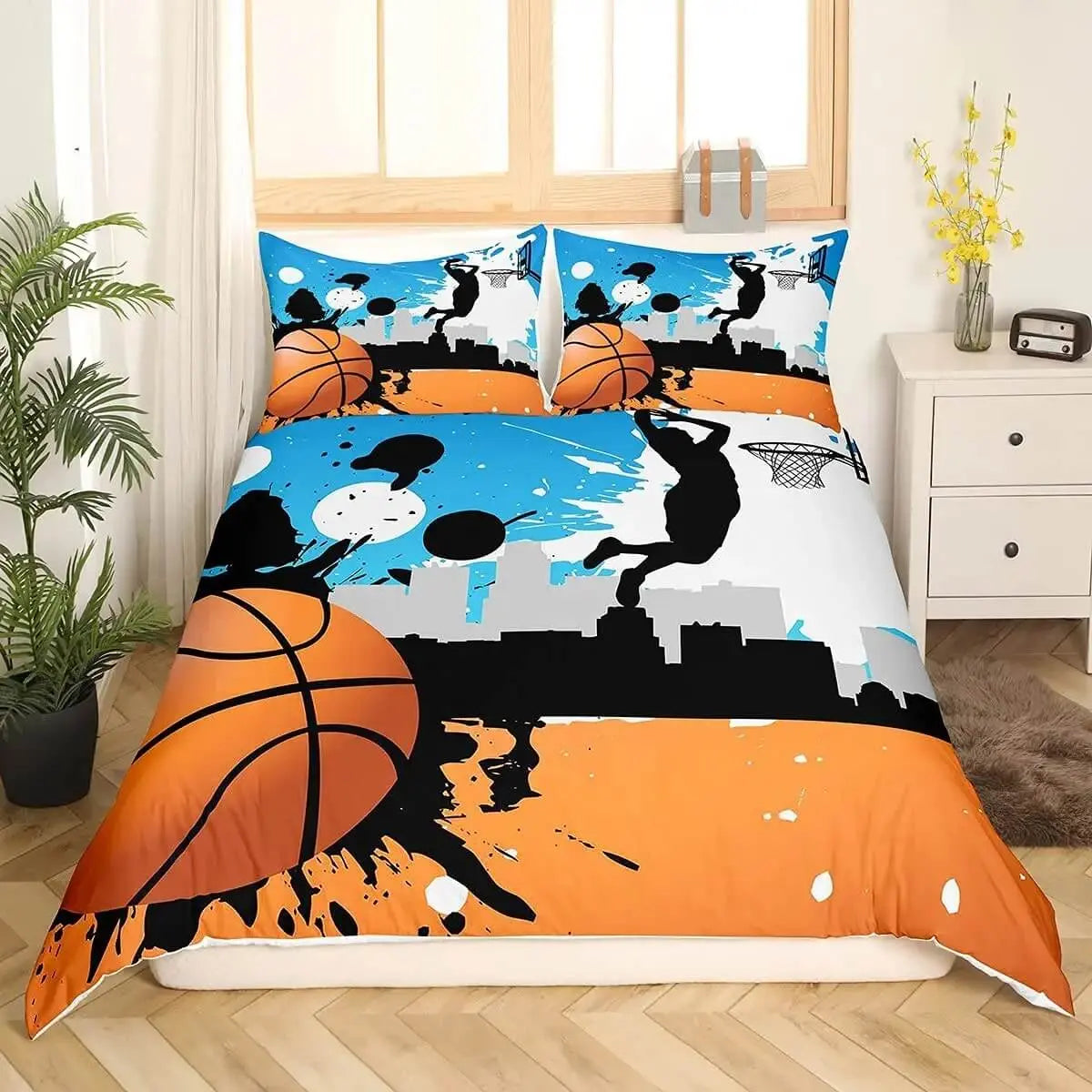 Athletic boy's bedroom styled with basketball doona
