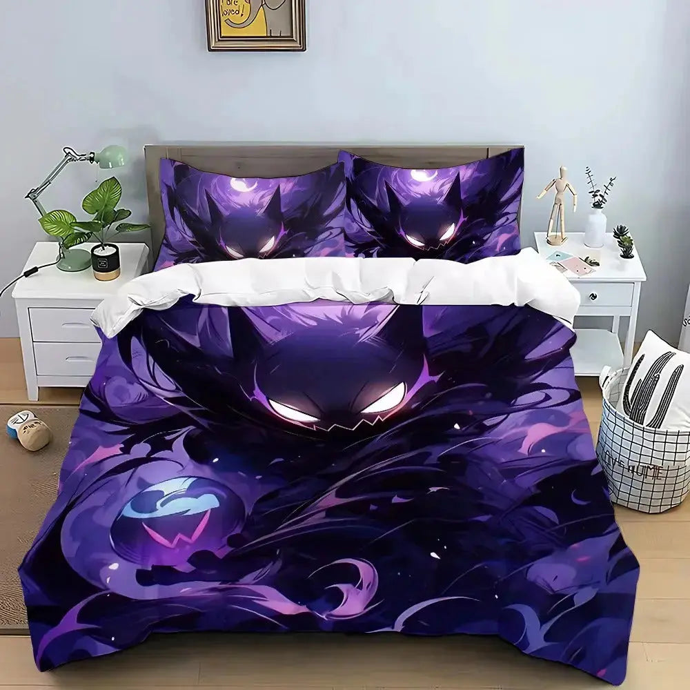 Gengar cartoon comforter set with pillowcase on cozy bedroom bed