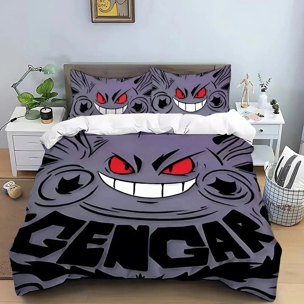 Gengar Pokémon duvet and pillowcase set on a bed with ghost-themed decor