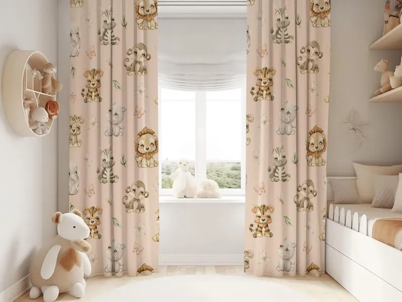 "Giraffe and monkey cartoon watercolor print on children’s window curtains"