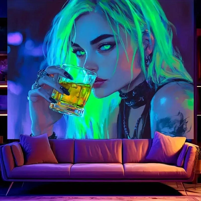 Urban neon girl sipping drink tapestry with glowing city-inspired background