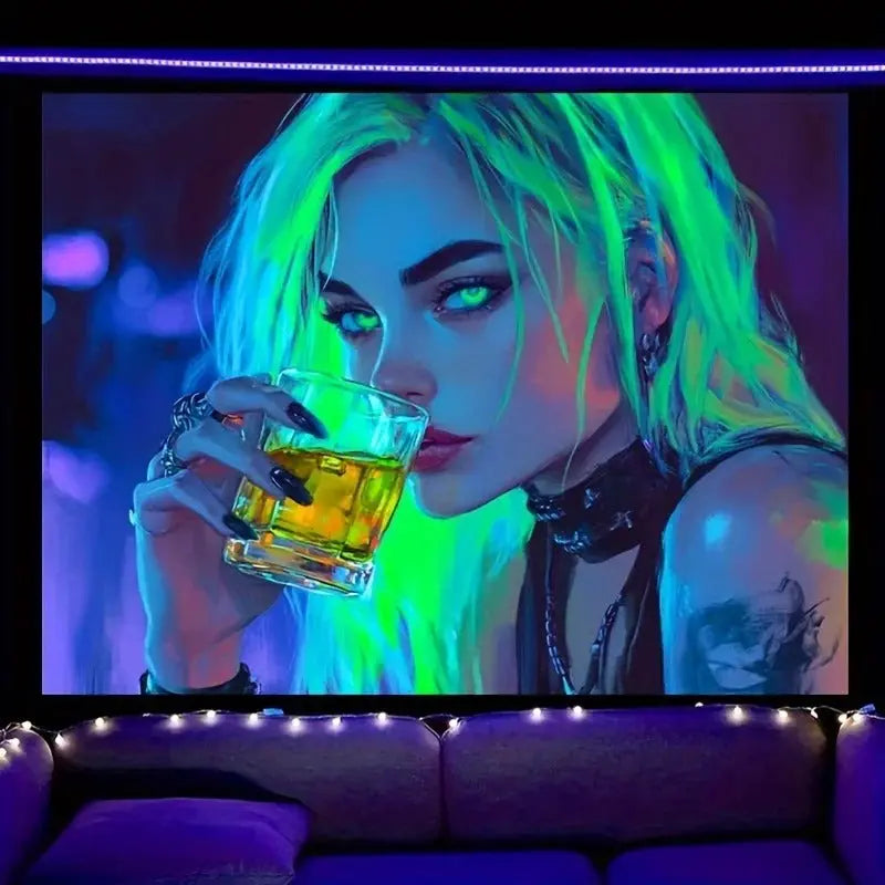 Urban neon girl sipping drink tapestry with glowing city-inspired background