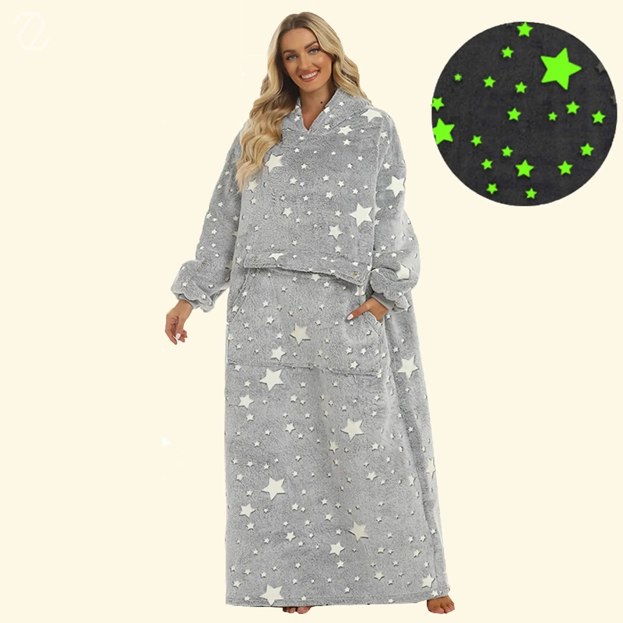 Oversized wearable blanket with pocket and hood for winter comfort