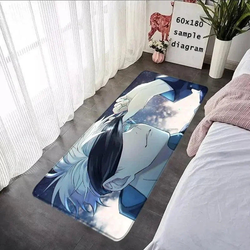 Jujutsu Kaisen Gojo Satoru anime rug with vibrant blue design placed in bedroom near window and bed