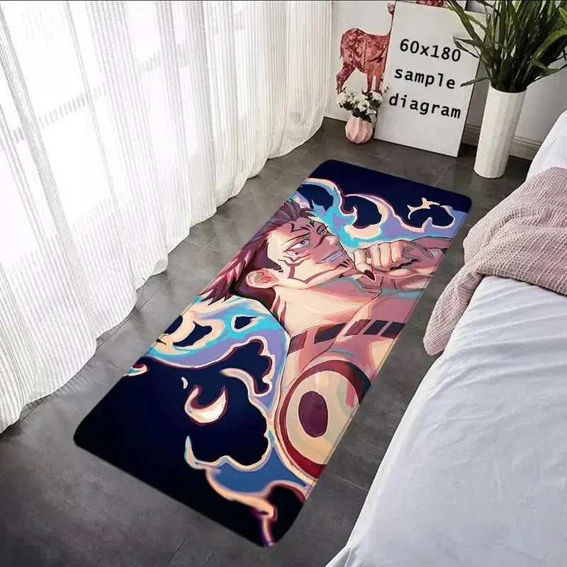 Jujutsu Kaisen Gojo Satoru anime rug with vibrant blue design placed in bedroom near window and bed