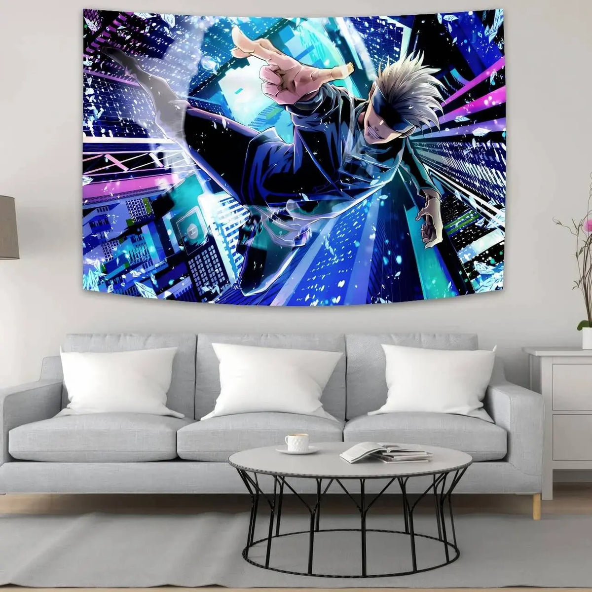 Anime wall tapestry featuring Satoru Gojo from Jujutsu Kaisen in vibrant digital print