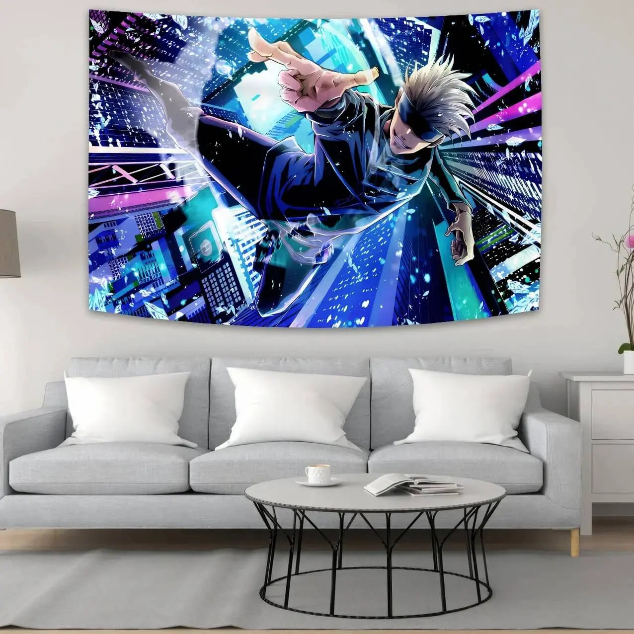 Anime wall tapestry featuring Satoru Gojo from Jujutsu Kaisen in vibrant digital print
