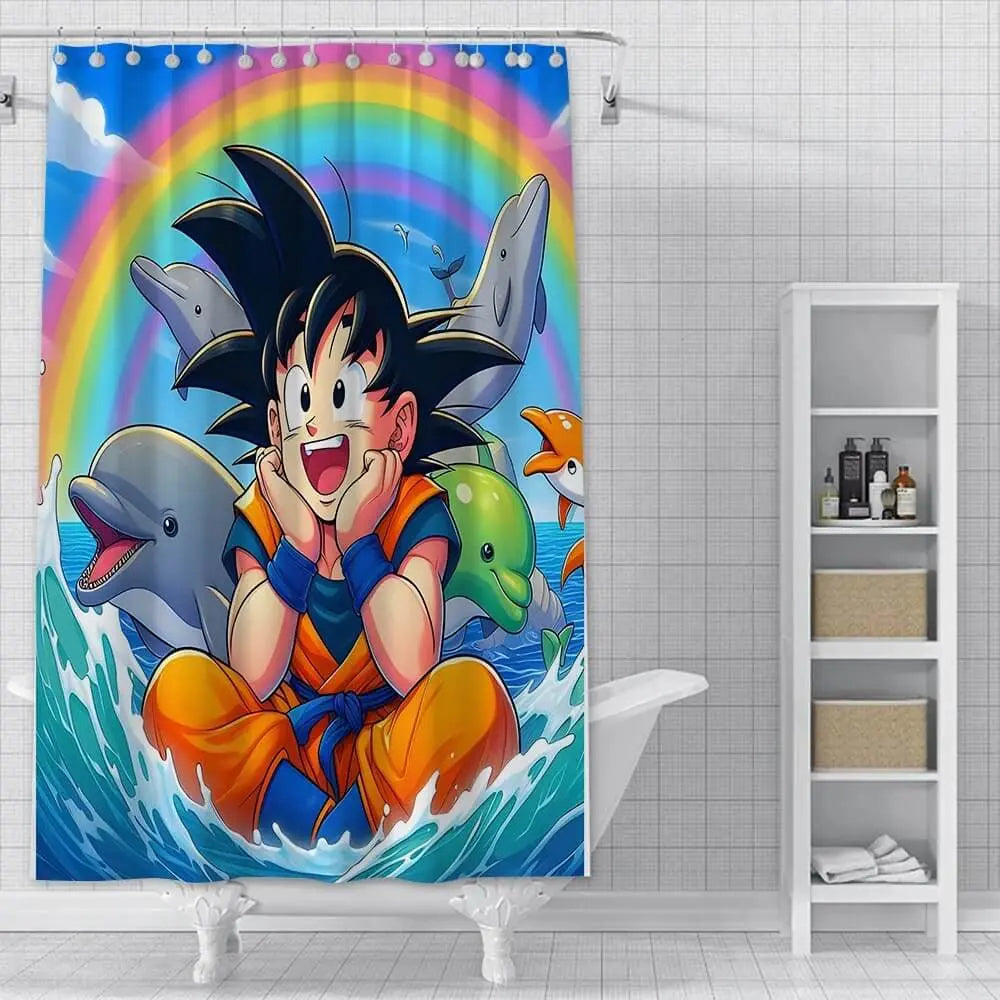 Anime Goku waterproof polyester shower curtain with vibrant Dragon Ball design hanging in modern bathroom