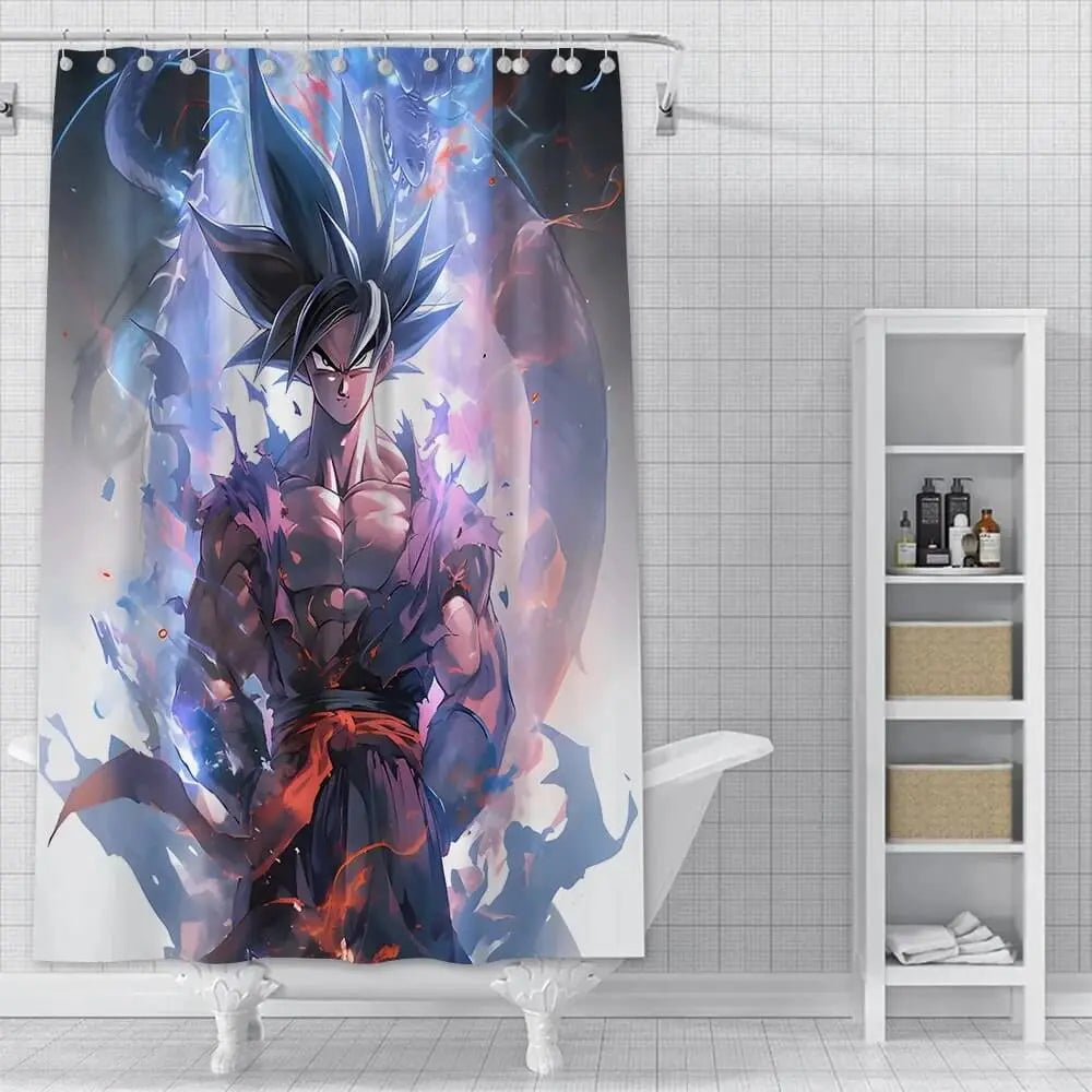 Anime Goku waterproof polyester shower curtain with vibrant Dragon Ball design hanging in modern bathroom