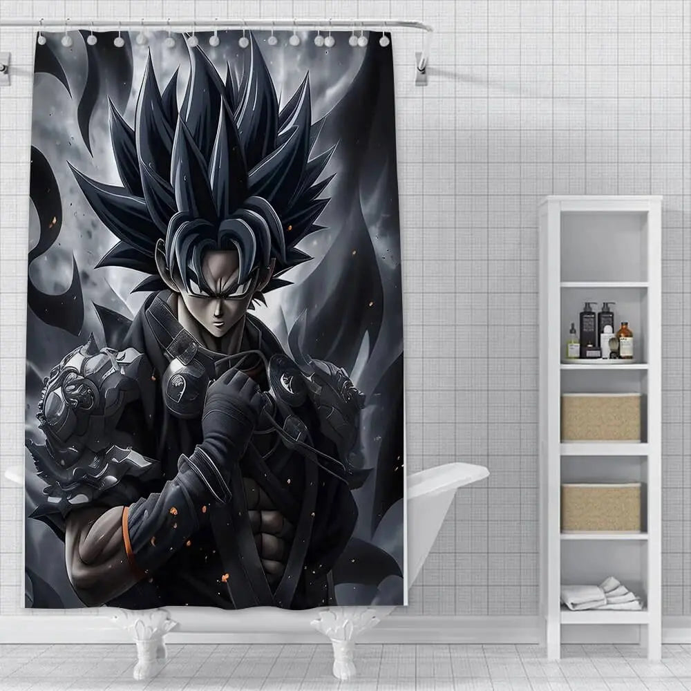 Anime Goku waterproof polyester shower curtain with vibrant Dragon Ball design hanging in modern bathroom