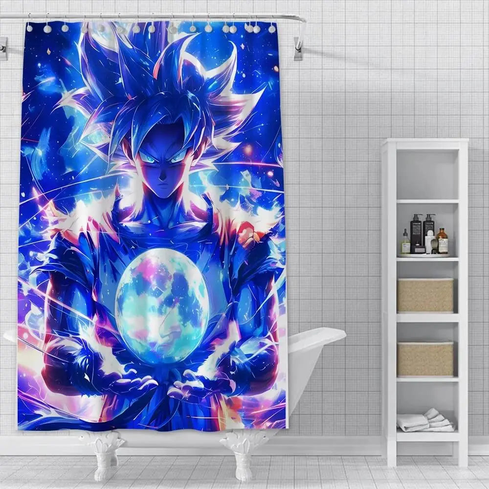 Anime Goku waterproof polyester shower curtain with vibrant Dragon Ball design hanging in modern bathroom