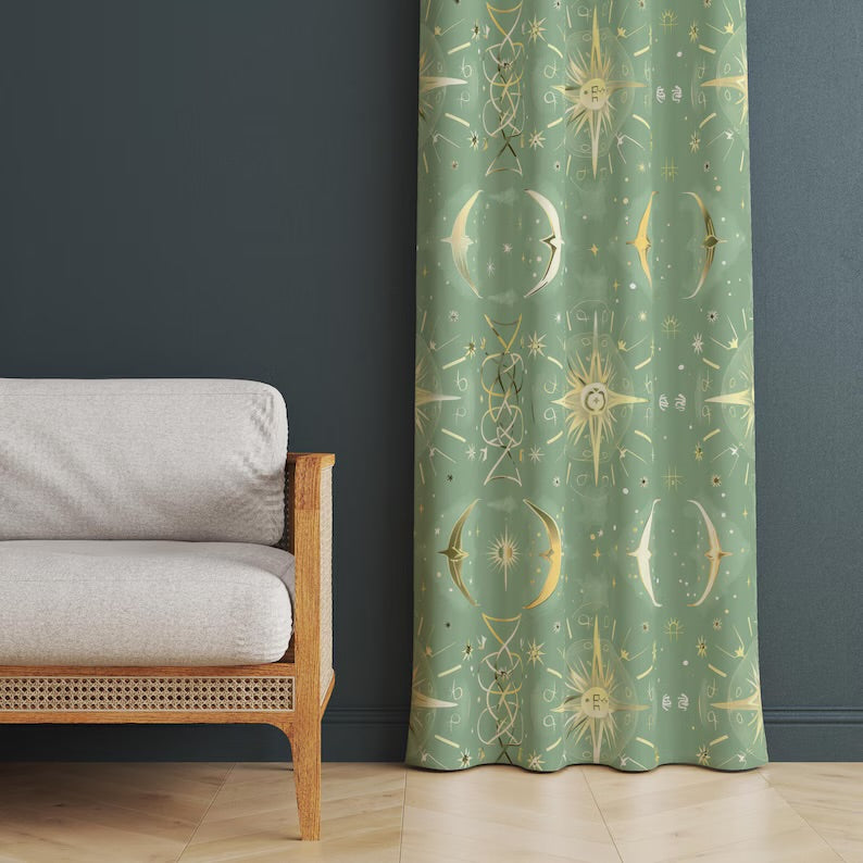 Gold Moon Stars Curtain, Light Green Celestial Drapes, Bohemian Curtain, Golden Astrology Print Drapery, Celestial Pattern Curtain Panel