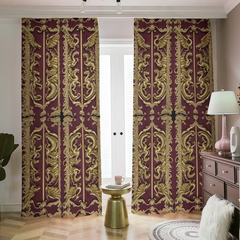 Gold Red Medieval Dragon Black Out Curtains Oriental Asian Chinese Dojo Room Darkening Living Room Man Cave Blackout
