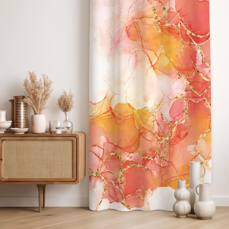 Gold Vein Marble Curtain: Boho Ombre Pink Orange Art Decor Custom Blackout Drapes, Room Darkening Curtains for Bedroom & Living Room