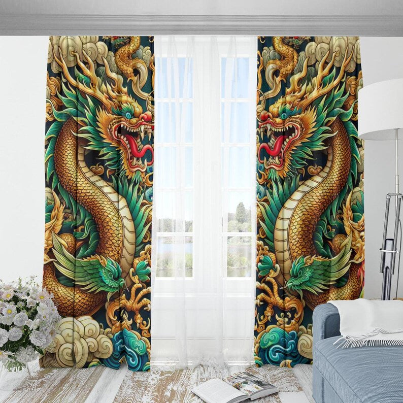 Golden Imperial Dragon Blackout Curtains Room Darkening
Shades 2 Panel Set Rod Pocket Drapes, Man Cave Decor, Exotic Bohemian Beatnik