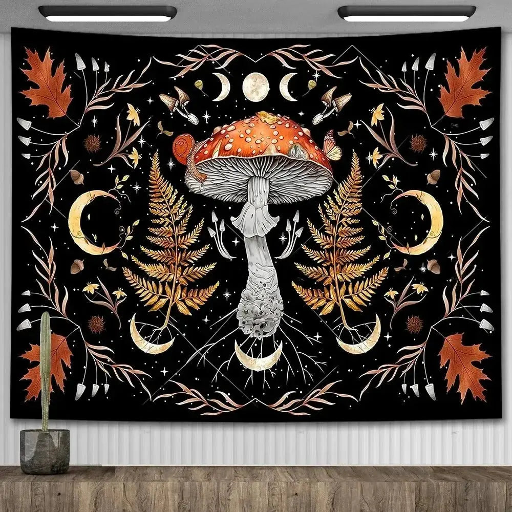 Gothic forest tapestry with large mushroom, moon phases, ferns, and butterfly
