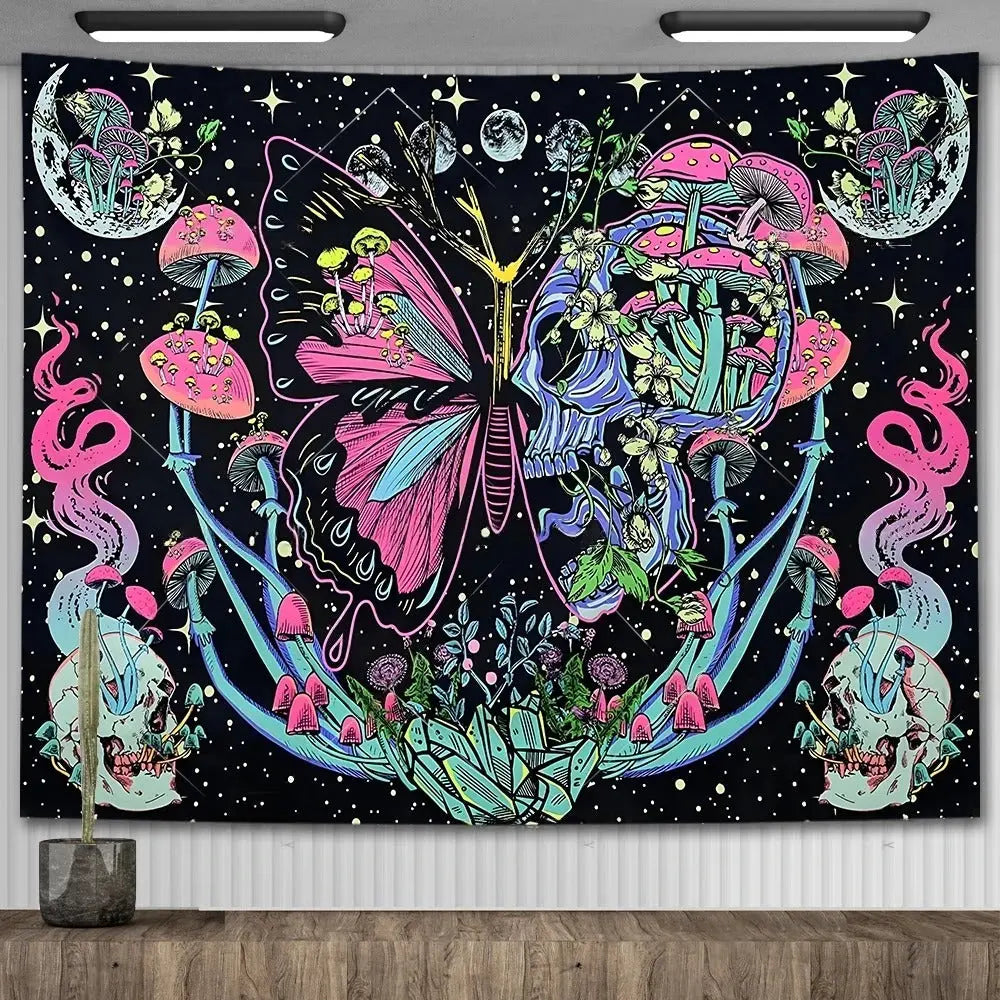 Gothic skull and butterfly throw blanket with mushrooms and floral celestial design