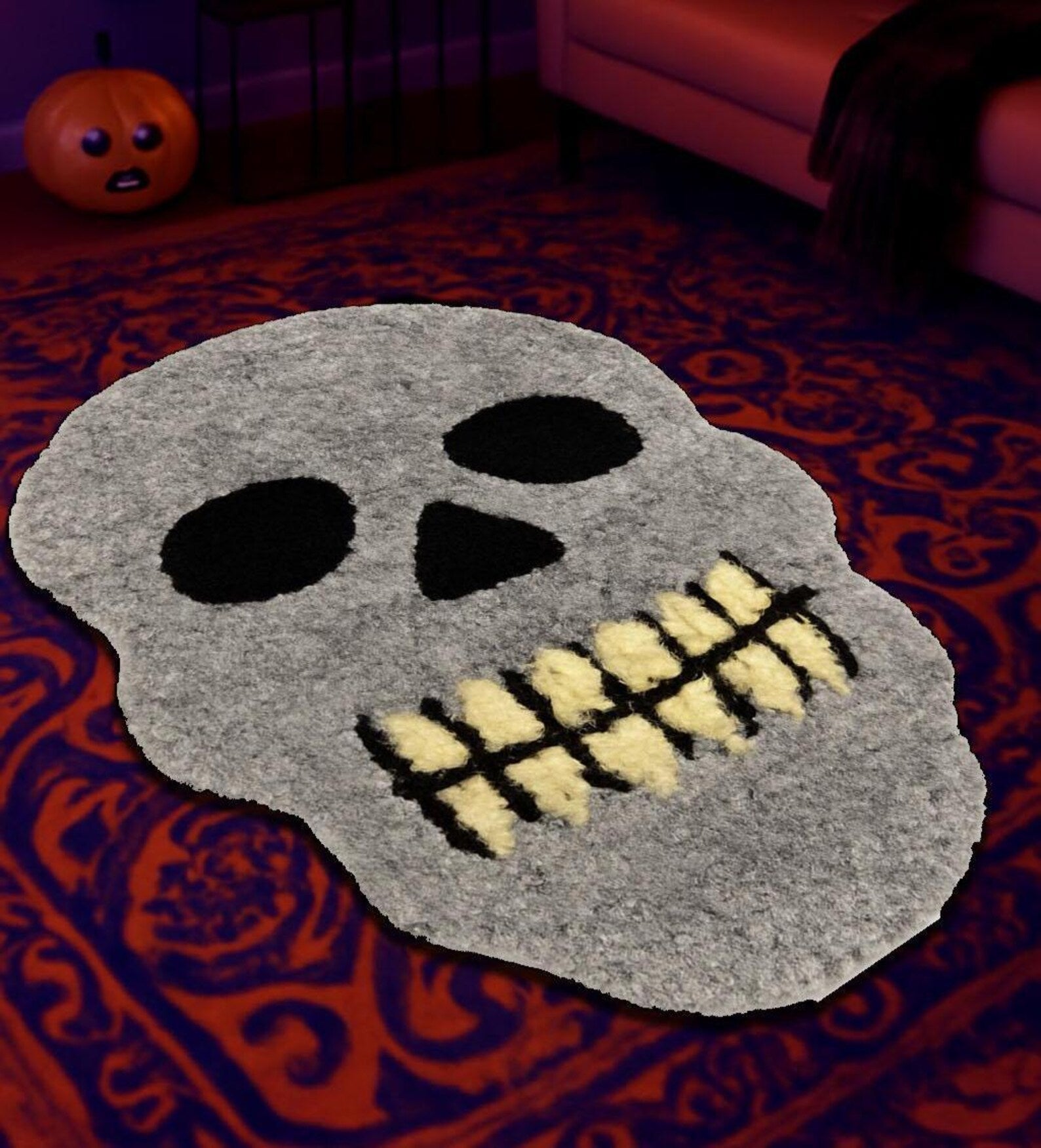 Gothic skull area rug used as dark home decor