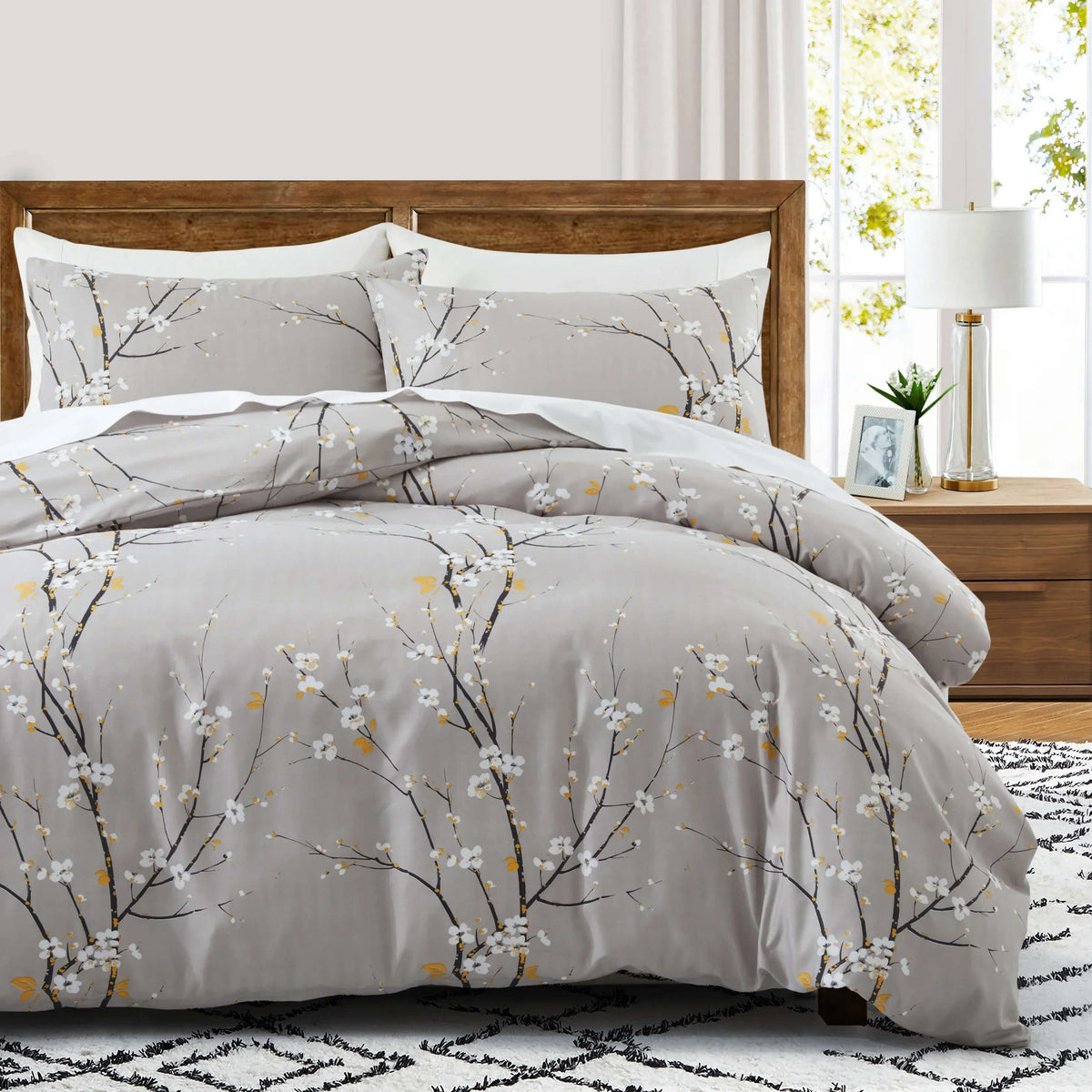 Gray floral bedding aesthetic