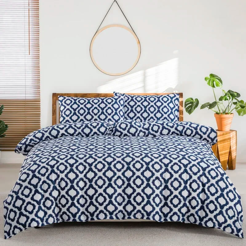 Navy and white geometric patterned bedding set for bedroom decor