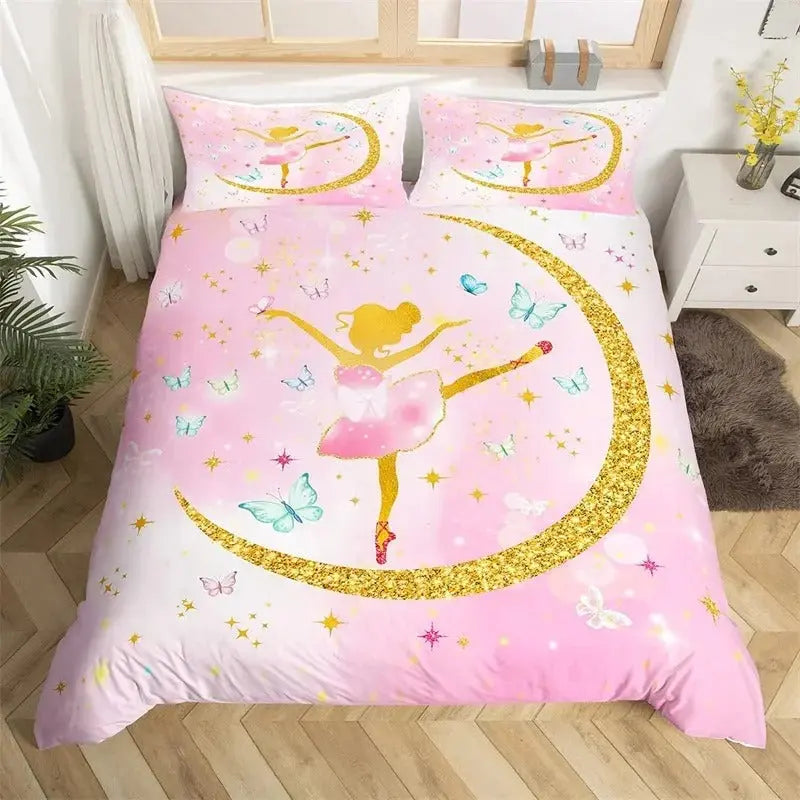Rainbow gymnastics duvet cover set on bed in sunny bedroom