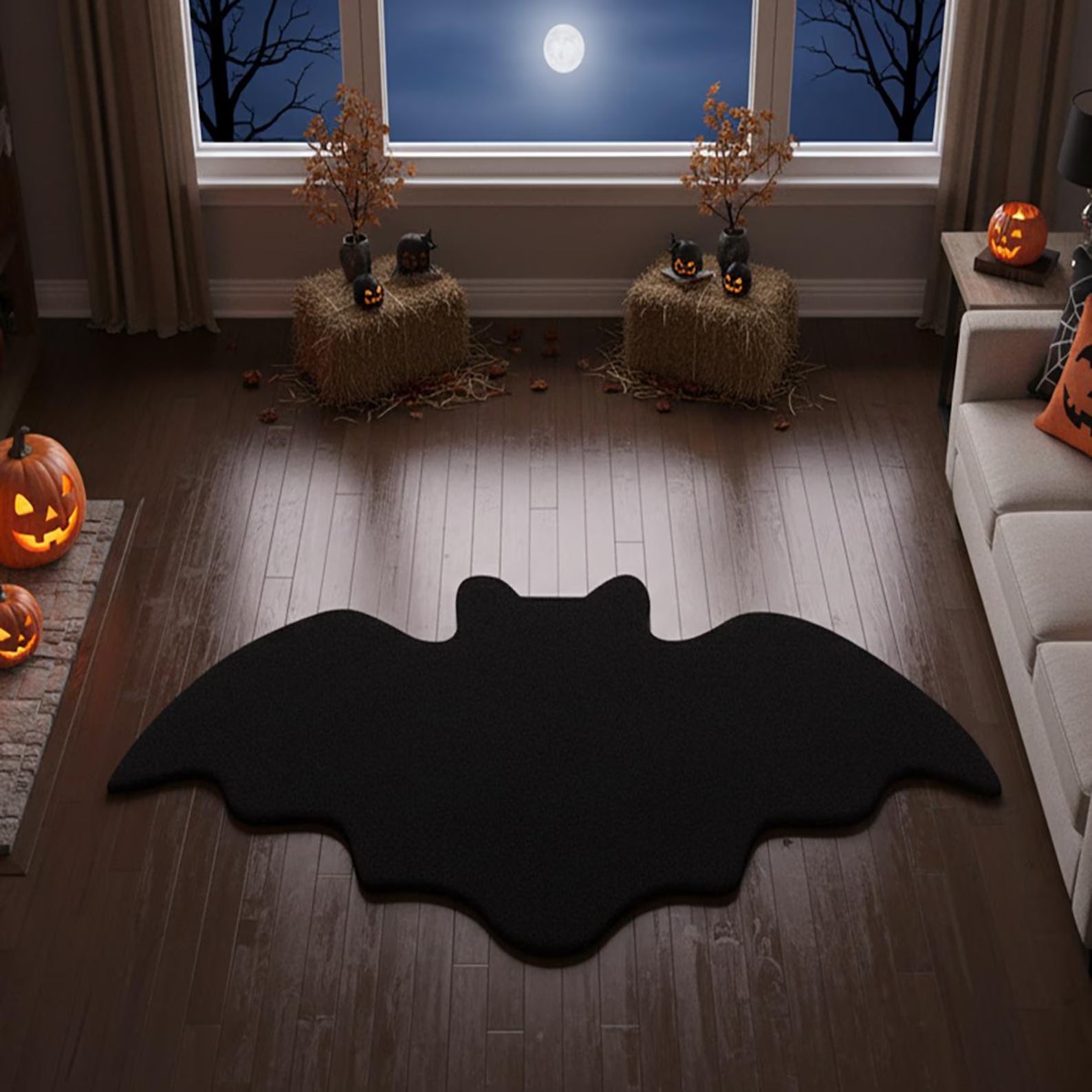 Halloween Bat Shaped Rug Black Gothic Carpet Spooky Creepy Washable Cotton Floor Mat Print Rug Haunted House Horror Home Decor