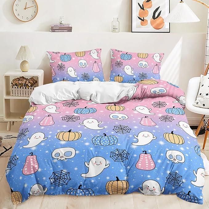 Halloween Bedding Set Double Size Kids Girls Galaxy Pink Blue Duvet Cover Set White Ghost Cute Pumpkin Pattern Cartoon Girls Bedding Sets