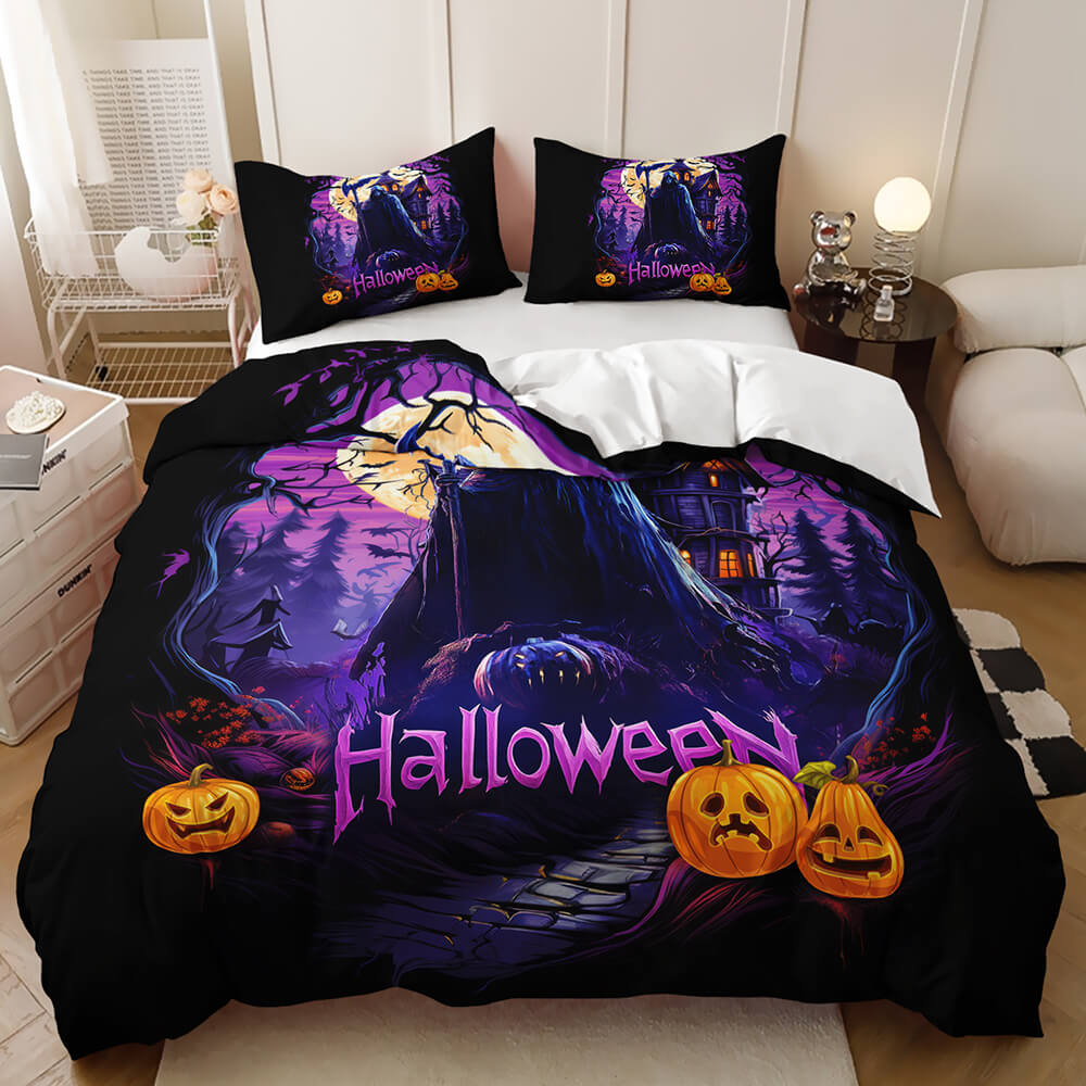 Halloween black cat pumpkin quilt cover set