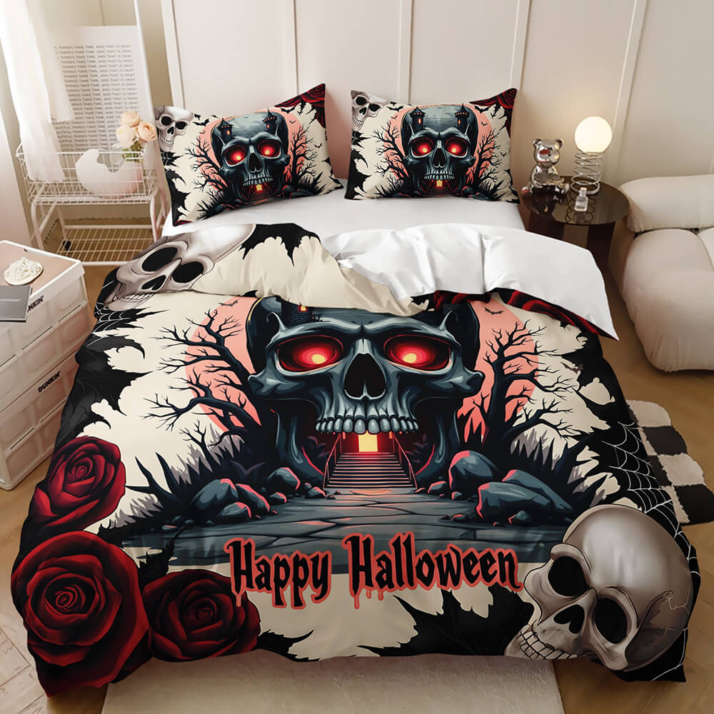 A Halloween-themed bedding set displayed on a bed in a bedroom setting. The set includes a duvet cover and two matching pillowcases featuring a large central skull with glowing red eyes, dark trees, red roses, a skull in the bottom right corner, and 'Happy Halloween' text across the front.
