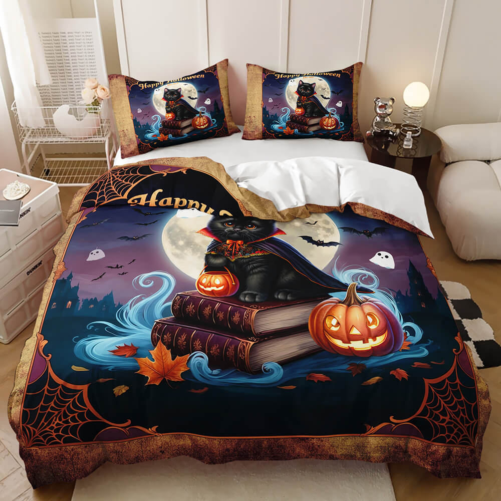 A Halloween-themed bedding set displayed on a bed in a bedroom setting, featuring a duvet cover and two matching pillowcases with a black cat sitting on old books under a full moon, surrounded by pumpkins, ghosts, bats, and spiderwebs.