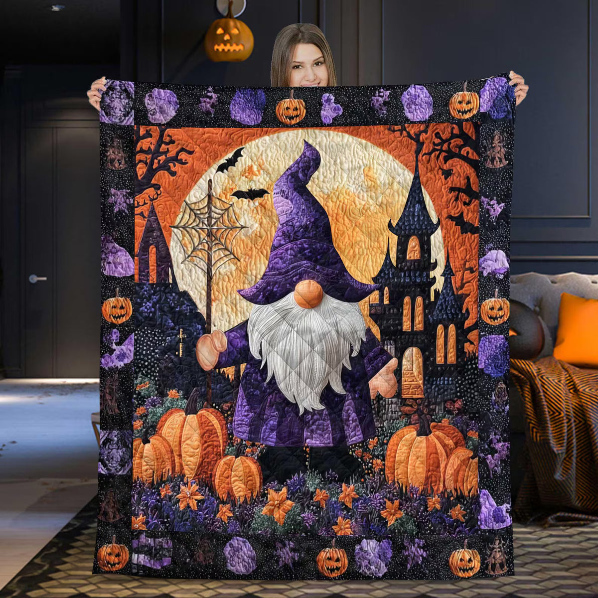 Halloween Gnome Quilt Blanket, Pumpkin Witch Gnome Throw, Spooky Haunted House Bedding, Fall Autumn Decor Gift, Gothic Cozy Bedspread