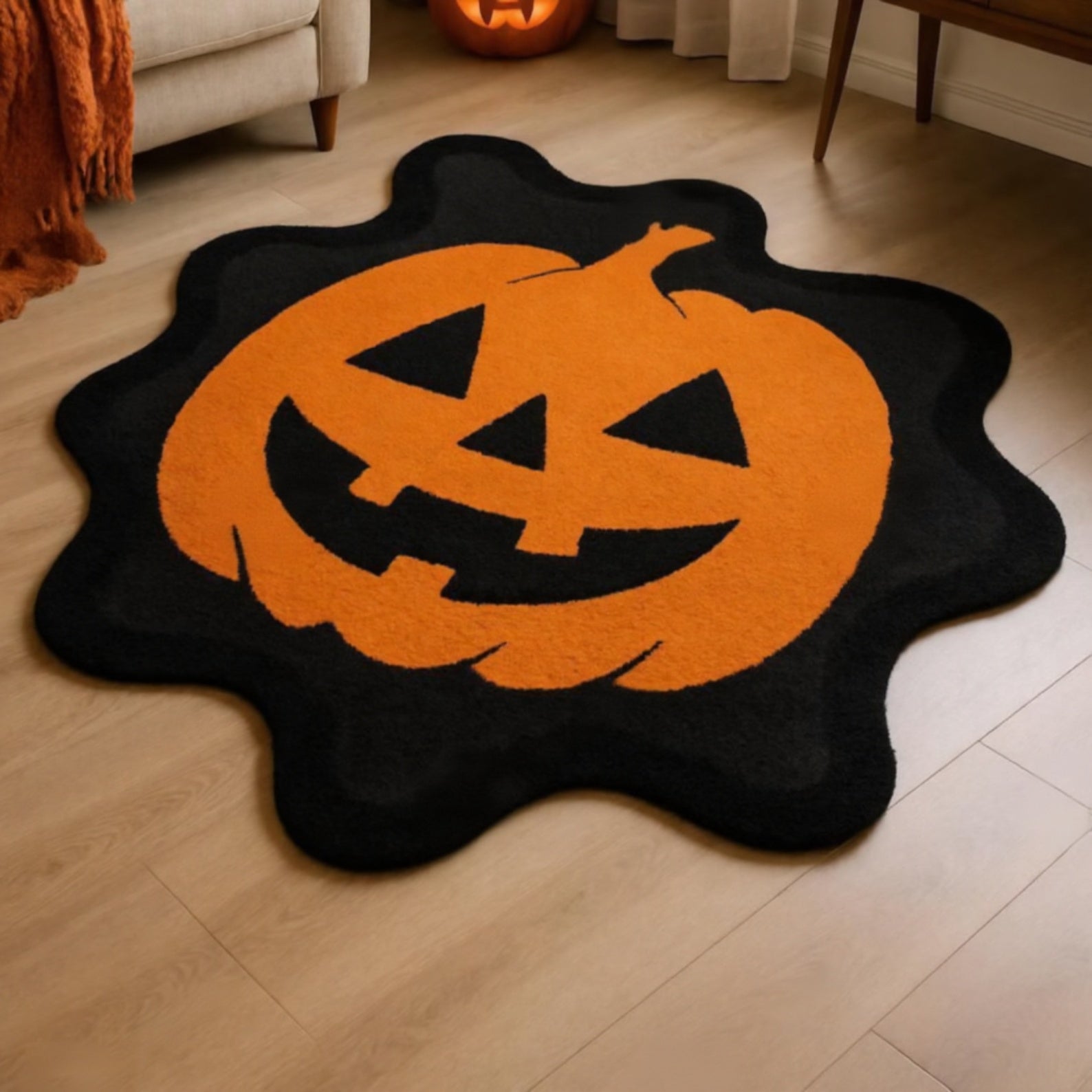 Halloween Pumpkin Rug – Floor Decor with Wavy Smile Kid-Friendly