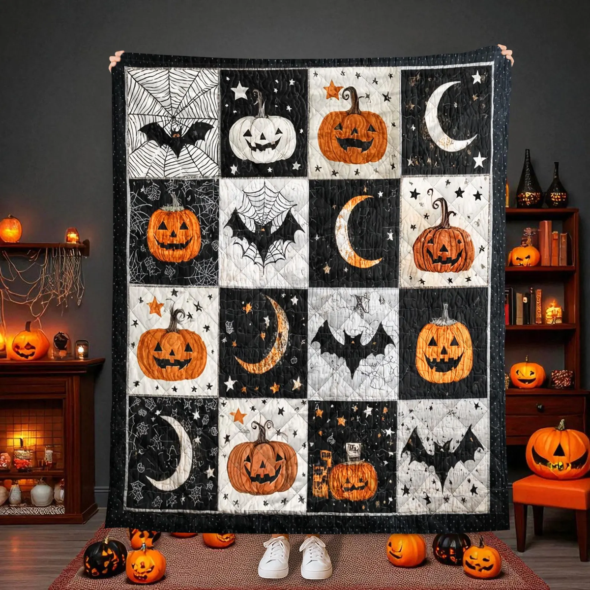 Halloween Quilt Blanket with Pumpkins Bats and Moons, Spooky Black and Orange Throw for Fall and Haunted House Decor, Halloween blanket