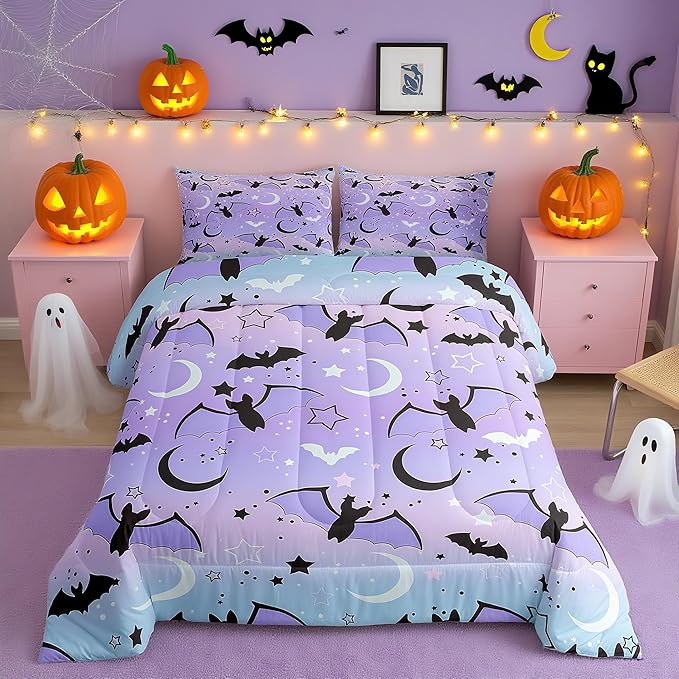 Halloween doona cover Rainbow bedding Set for Boys Girls Children Bat Moon Star Print Bedding Set Halloween Theme Purple Gradient Style Room Decor