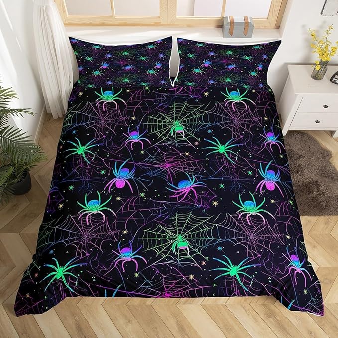 Happy Halloween Bedding Set Single Size Kids Horror Theme Cover Set for Teens Witchcraft Duvet Cover Breathable Cobweb Neon Colorful Bedspread Cover Room Decor Spider Quilt Cover