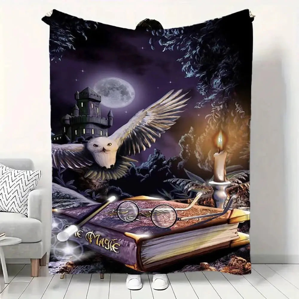 Decorative blanket with an owl, book, and castle design on a wall